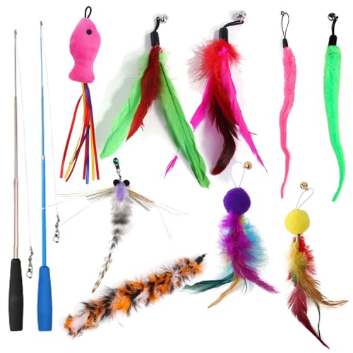 Interactive Cat Wand Toy Set, 11 Pcs with 2 Retractable Wands & Feather Refills, Indoor Chase and Exercise Teaser for Cats