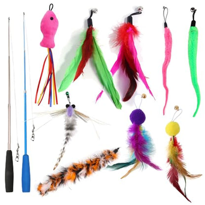 Interactive Cat Wand Toy Set, 11 Pcs with 2 Retractable Wands & Feather Refills, Indoor Chase and Exercise Teaser for Cats