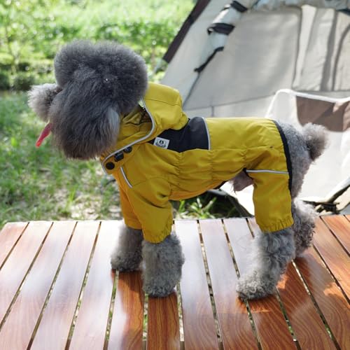 LOVELONGLONG Fleece-Lined Dog Raincoat with Removable Hood – Waterproof Winter Full Body Dog Jacket – Windproof Snowproof Cold-Weather Suit – Yellow-F XXS - color: Mustard Yellow Fleeced, size: XXS (Back 9")