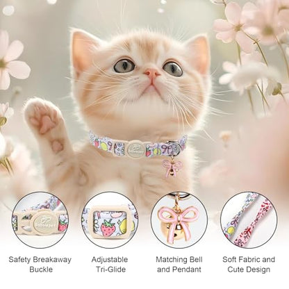 2 Pack Sweet Girly Cat Collars - Elegent Bow Breakaway Cat Collar with Bell & Matching Pendant, Adjustable Spring Summer Pink Purple Kitten Collars for Girl Cats - color: Fruit Bow