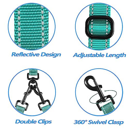 Double Dog Leash, No Tangle Dual Leash, Reflective Walking Training Lead, 4 Comfortable Padded Handles for 2 Dogs with Collapsible Bowl and Waste Bags (Turquoise, Large) - color: Turquoise