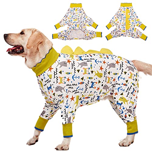 LovinPet Big Dogs Pjs, Large Dog Pajamas, Anti Licking Pet Anxiety Shirt, Surgical Recovery Onesie, Large Breed Dog Jammies, Pet PJ's,Lightweight Stretch, White Sea Life Print Mastiff Pajamas/Medium - size: Medium