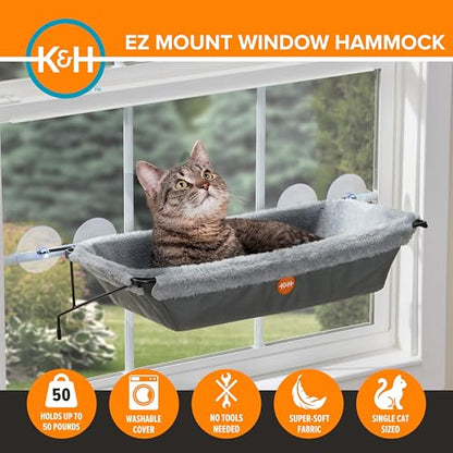 K&H Cat Window Perch EZ Mount Window Hammock - Sturdy Kitty Sill Seat, Strong Suction Cups, Metal Frame, Space-Saving Cord-Free Design, Cozy Sunbathing Bed for Large Indoor Cats, Holds 50 lbs