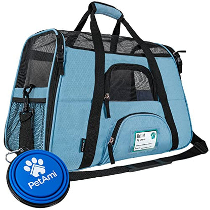 PetAmi Airline Approved Pet Carrier for Cats & Small Dogs, Soft Sided TSA Travel Carrier Bag with Sherpa Bed, Breathable Mesh Ventilation, Collapsible Bowl, Fits Under Seat, Up to 18 lbs, Large Blue - color: Light Blue, size: Large - 19.5"L x 10.2"W x 12"