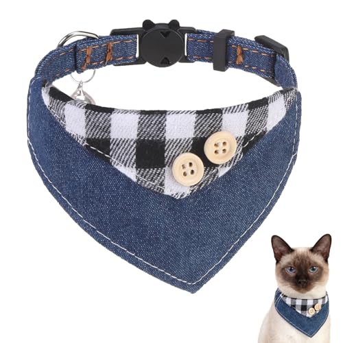 SCENEREAL Breakaway Cat Collar with Bell & Bandana, Cute Kitten Collar Suitable for Large Big Cats, Black Plaid - color: Black Plaid
