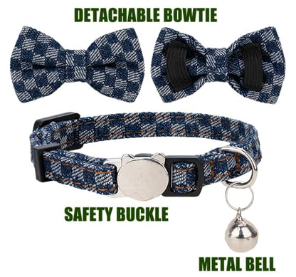 Cat Collar Breakaway Bowtie Safety with Bell Adjustbale Kitten Puppy Solid Plaid Color Set O-[2pcs] Denim - color: O-[2pcs] Denim