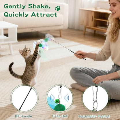 Pawaboo Feather Teaser Cat Toy, Interactive Feather Wand Cats Toy Flying Feathers Cat Catcher with Extra Long 34.5" Wand and Small Bell, Exerciser Playing Toys for Kitten or Cats, Green Butterfly - color: Green Butterfly