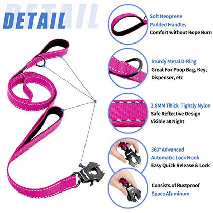 Strong Heavy Duty Dog Leash - 4ft Reflective Nylon Training Leash with Soft Padded Double Handle & Auto Lock Frog Clip - Safety Traffic Control for Large Medium Small Dogs No Pull Walk Hot Pink,4ft - color: Hot Pink, size: 4FT x 1" x 2.8MM