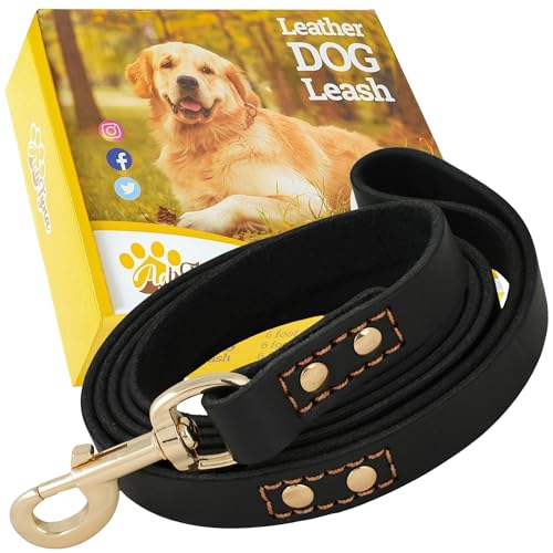 Leather Dog Leash 6 ft x 3/4 inch - Soft, Strong, Heavy Duty for Large & Medium Breeds - Dog Lead for Training (Black - Gold Colored Clasp, L - 6 ft x 3/4 inch) - color: Black - Gold Colored Clasp, size: L - 6 ft x 3/4 inch