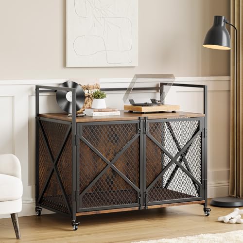 GarveeLife 41 in Dog Crate Furniture, Heavy Duty Decorative Dog Cage with Lockable 360° Wheels, Double Door Dog Kennel End Table for for Small Medium Large Dog, Rustic Brown