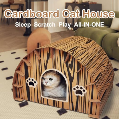 Forest Lodge Cardboard Cat House with Built-in Scratchers - 20 x 16 x 13 Inch Eco-Friendly Indoor Hideout for Cats and Small Animals
