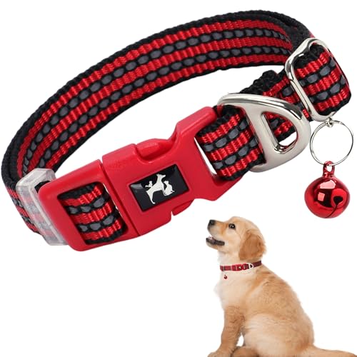 Puppy Collar with Bell - Reflective Adjustable Nylon Dog Collar for Small Dogs, Night Safety Collar for Chihuahua, Pomeranian -Red XS - color: R, size: XS (Neck 7"-9")