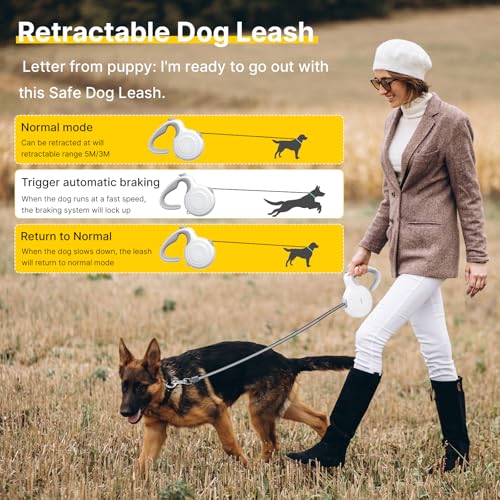 16Ft Auto-Brake Retractable Dog Leash for Middle Large Dogs 360° Tangle-Free Strong Nylon Tape and Ergonomic Anti-Slip Soft Handle One-Handed Brake Pause Lock - size: 16 Ft Auto-Brake Retractable Dog Leash