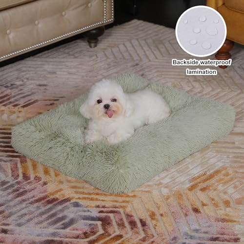 Bedfolks Waterproof Crate Bed, Plush Dog & Cat Kennel Pad with Removable Cover, Faux Fur, Washable, 17"x12", Sage Green - color: Sage Green, size: XX-Small(17x12'')