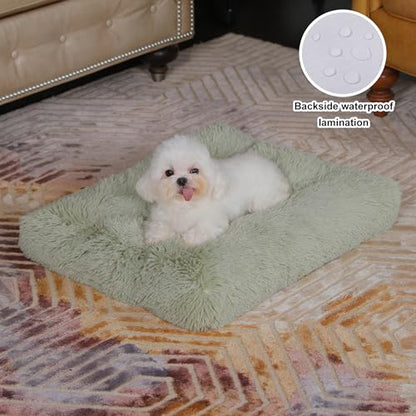 Bedfolks Waterproof Crate Bed, Plush Dog & Cat Kennel Pad with Removable Cover, Faux Fur, Washable, 17"x12", Sage Green - color: Sage Green, size: XX-Small(17x12'')