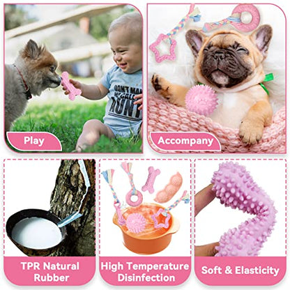 Petcare 6 Pack Puppy Chew Toys for Teething Cute Pink Puppy Toys Small Dog Toys Soft Rubber Rope Dog Toys Funny Bone Ball Cleaning Teeth Dog Chew Toys Puppy Teething Toys for Puppies Yorkie - color: Pink