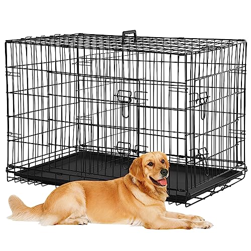Large Dog Crate, Extra Large Dog Cage for Small Medium Large Dogs Outdoor Indoor, Kennel Foldable Metal Wire Dog Crate with Leak-Proof Tray and Handle Double Door, Animal Pet Cage, 48 Inch - size: 48 INCH