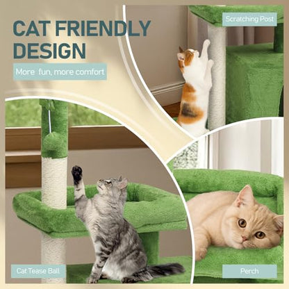 36in Cat Tree with Leaves, Multi-Level Cat Tower with Scratching Post, Cozy Condo & Padded Perch, Dangling Ball for Kittens and Indoor Cats, Compact Cat Furniture for Small Spaces, Green