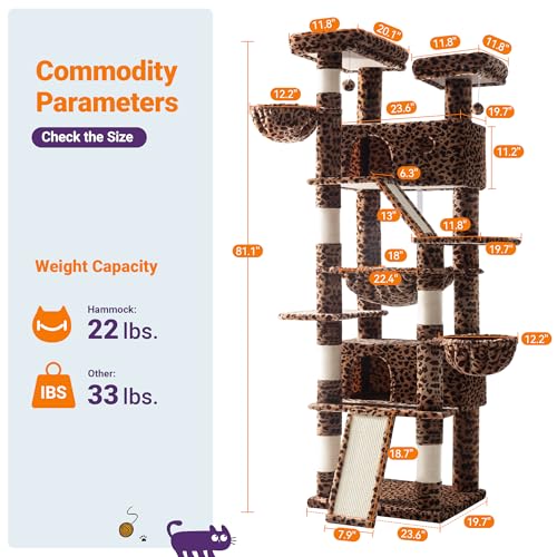 Allewie 81 Inches Tall Cat Tree/Multi-Level Large Climbing Tree House and Towers for Big Feline/Condo and Hammock/Scratching Post/Wide Base/Leopard Print - color: Leopard Print