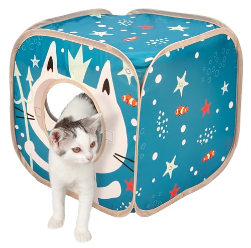 Kitty City Ocean-Themed Cat Play Furniture Set, Collapsible Pop-Up Cat Toys Combo with Cube, Tunnel & House, Indoor Cat Playground for Play, Hiding & Lounging - color: D) Ocean Cat Play Combo