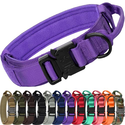 Joytale Tactical Dog Collar with Handle and Metal Buckle, Heavy Duty Padded Military Collar with 2 Patches for Training, Adjustable for Medium Dogs, Purple, M - color: Purple, size: M