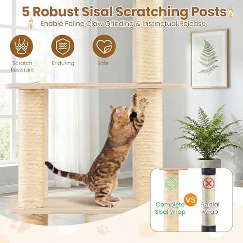 Tangkula Tall Cat Tree, 63 Inch Multi-Level Wood Cat Tower with Sisal Scratching Posts & Mat, 2-Story Condo, Plush Padded Top Perch, Dangling Ball, Modern Cat Tree Tower for Indoor Cats Large Adult - size: 63 Inch