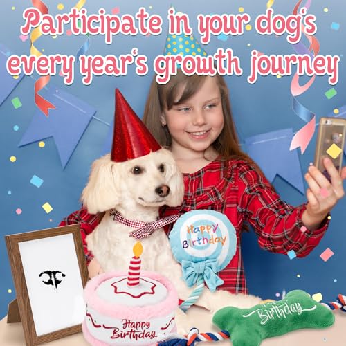 LECHONG 7Pcs Dog Birthday Toys Gifts, No-Mess Paw Print Keepsake Kit with Squeaky Dog Cake Toy, Plush Crinkle Toy, Pet-Safe Ink Pad & Photo Frame for Small Medium Dogs - style: Dog Birthday Toys