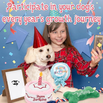 LECHONG 7Pcs Dog Birthday Toys Gifts, No-Mess Paw Print Keepsake Kit with Squeaky Dog Cake Toy, Plush Crinkle Toy, Pet-Safe Ink Pad & Photo Frame for Small Medium Dogs - style: Dog Birthday Toys