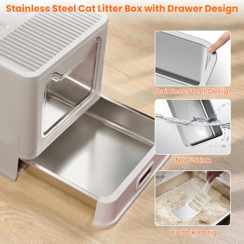 Stainless Steel Cat Litter Box with Lid and Drawer, Enclosed XXL Litter Box for Large Cats Includes Litter Mat & Scoop - size: enclosed