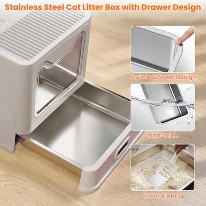 Stainless Steel Cat Litter Box with Lid and Drawer, Enclosed XXL Litter Box for Large Cats Includes Litter Mat & Scoop - size: enclosed