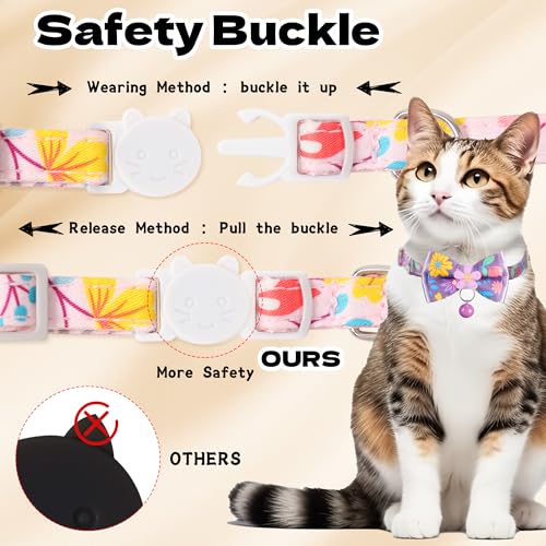 Cat Collar Breakaway, HYQHYX Floral Kitten Collar with Bell, Cute Cat Collar with Bow for Girl Boy Removable Bowtie - color: Pink + Purple + Green