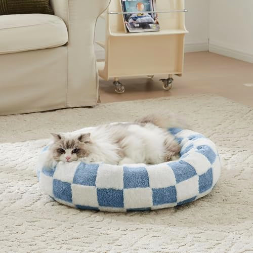 Ohocut Checkered Cat Dog Bed, Cute Blue Retro Style Aesthetic Round Warming Pet Calming Beds for Small Dog and Cats, Plush Cozy Donut Beds Washable, 23" L x 23" W x 8" Th - color: Blue, size: 23"L x 23"W x 8"Th