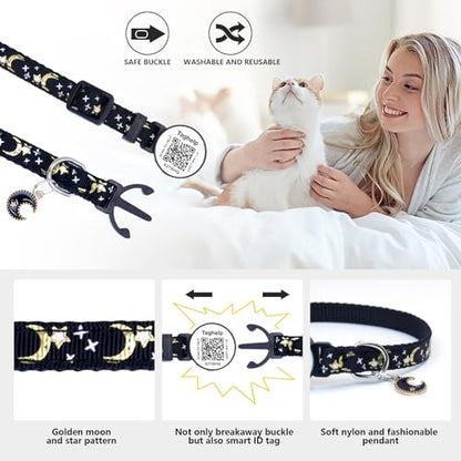 The Ultimate QR Code Pet ID Collar 4-Pack | Breakaway Adjustable Cat Collars with Secure Online Profile | Never Lose Your Cat with Cute Moon & Stars Design (Star & Moons - 4 Pack) - color: Star & Moons - 4 Pack