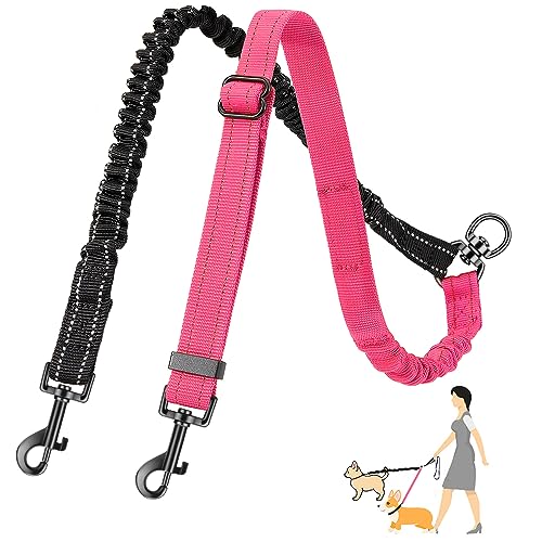 AUTOWT Two Dog Lead, 2 in 1 Upgraded Double Dog Leash Attachment Combine Adjustable Strap and Shock Absorbing Bungee No Tangle Dual Training Splitter for Different Size Dogs - color: Pink - Small