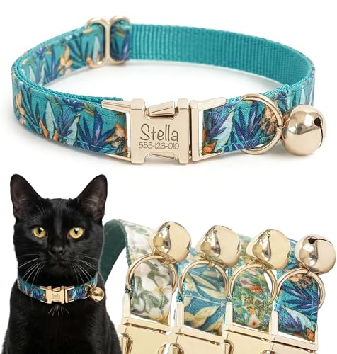Engraved Floral Cat Collar with Removable Bow Tie - Personalized ID Tag & Safety Bell, Adaptive Polyester Design, （Non-Breakaway） - Floral Pattern Collection - color: Blue Leaves, size: L