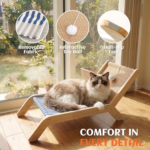 PETKARAY Beach Chair Cat Hammock, Elevated Cat Beds for Indoor Cats, Original Cozy Lounger with Sisal Scratcher and Toy Ball - color: Blue