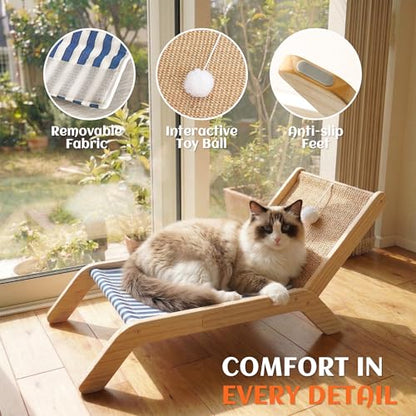 PETKARAY Beach Chair Cat Hammock, Elevated Cat Beds for Indoor Cats, Original Cozy Lounger with Sisal Scratcher and Toy Ball - color: Blue