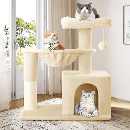 Allewie 29.5in Indoor Cat Tree, Multi-Level Cat Tower with Sisal Scratching Posts, Padded Perch, Basket, Condo, and Hanging Ball, Suitable for Kittens and Adult Felines,Beige - color: Beige