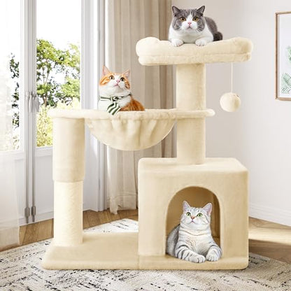 Allewie 29.5in Indoor Cat Tree, Multi-Level Cat Tower with Sisal Scratching Posts, Padded Perch, Basket, Condo, and Hanging Ball, Suitable for Kittens and Adult Felines,Beige - color: Beige