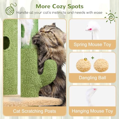 Globlazer Cactus Cat Tree Tower for Indoor Cats, 50-inch Adult Cat Tree House for Large Adult Cats with Steps, Scratching Post, 2 Cat Caves, Dangling Toys, FC50, Green - color: Cactus