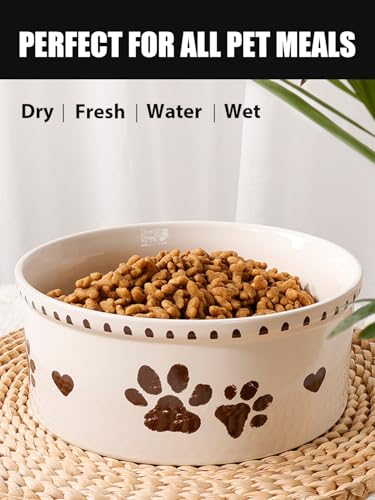 Ceramic Dog Bowl 55oz Heavy Duty Pet Food and Water Bowl for Medium Large Dogs Non Slip Weighted Dog Dish with Paw Print and Heart Design Easy to Clean - color: White-Paw