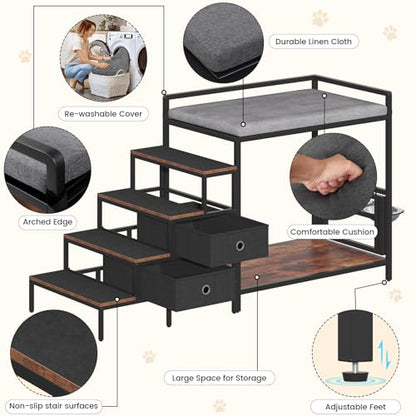 Saudism Dog Window Perch with 360° & Adjustable Raised Feeder, Pet Bunk Bed with Stair and Drawers, Elevated Platform Bed, Pet Elevated Seat with Cushion, Paw-Friendly Ladder