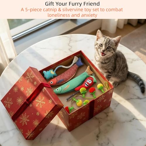 5 Pcs Ultimate Cat Toys Set with Natural Catnip Toys & Silvervine, 2 Plush Fish, Chili Chew, Silent Dino Rope & Hanging Tomato, Relieves Anxiety, Teething Aid, Quiet Play for Indoor Cats