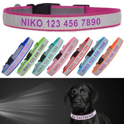 Reflective Personalized Dog Collar - Custom Embroidered Pet Name and Phone Number with Adjustable Nylon Buckle Collars in 5 Sizes XS to XL for Boy and Girl Dogs,Puppy,Rose Red - color: Rose Red
