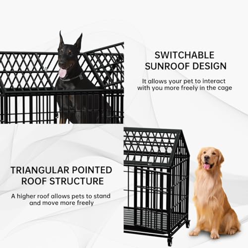 54" Heavy Duty Dog Crate Large Dog cage Strong Metal Dog Kennels and Crates for Large Dogs Top Open with 2 Doors 4 Lockable Wheels 2 Removable Trays - size: 54.0"L x 29.5"W x 46.0"H