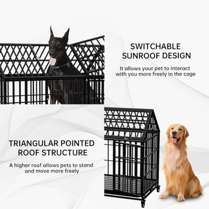 54" Heavy Duty Dog Crate Large Dog cage Strong Metal Dog Kennels and Crates for Large Dogs Top Open with 2 Doors 4 Lockable Wheels 2 Removable Trays - size: 54.0"L x 29.5"W x 46.0"H