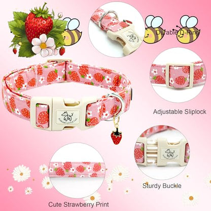 Elegant little tail Dog Collar, Strawberry Pattern Pet Collar Pink Durable Spring Female Spring Collar Adjustable Cotton Pet Collar with Quick Release Buckle for Small Dogs - color: Strawberry, size: Small (Pack of 1)
