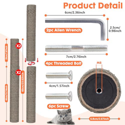 PowerKing Natural Sisal Replacement Scratching Post, 4 Pieces M8 Cat Scratch Post Refill Pole Parts for Refurbishment, White, Include Screws (Grey-15.7''+15.7''+7.87''+7.87'') - color: Grey, size: 15.7''+15.7''+7.87''+7.87'' (2.67''Thick)