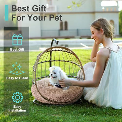 SWITTE Cat Hammock Chair Bed - Removable & Washable Cushion, Hanging Rattan Swing for Indoor Outdoor Cats & Small Dogs, Adjustable Pet Swinging Hammock with 3 Modes - Khaki - color: Khaki