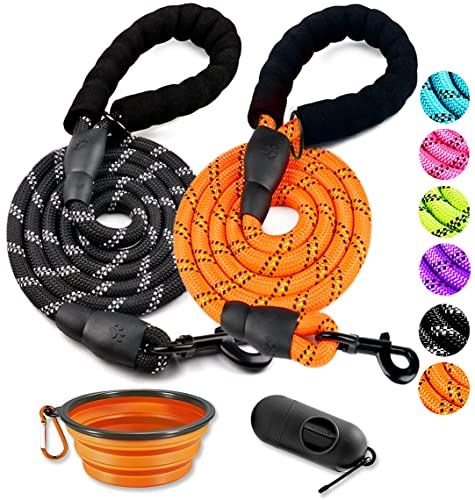 2 Pack Dog Leash 6 FT Heavy Duty - Comfortable Padded Handle - Reflective Dog Leash for Medium Large Dogs with Collapsible Pet Bowl Set 7-Black+Orange - color: Set 7-Black+Orange, size: 1/2"x 6 FT (18~120 lbs.)